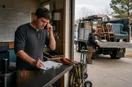 A junk removal operator coordinating the day's schedule at a small dispatch desk, in a natural documentary style.