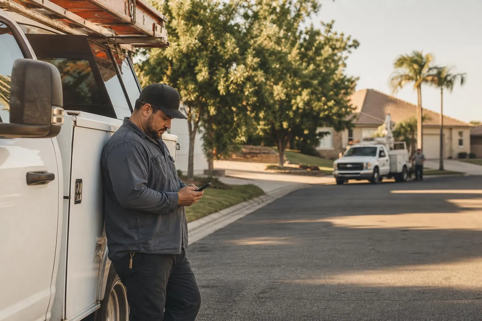 An HVAC technician stands beside his parked service truck on a hot suburban street, checking his phone while a competitor's truck idles at a house down the block, in a natural documentary style.