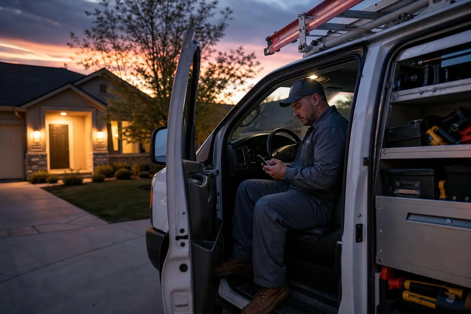 An HVAC contractor checks a silent phone in his van at dusk with a service truck parked in a residential driveway, in a natural documentary style.