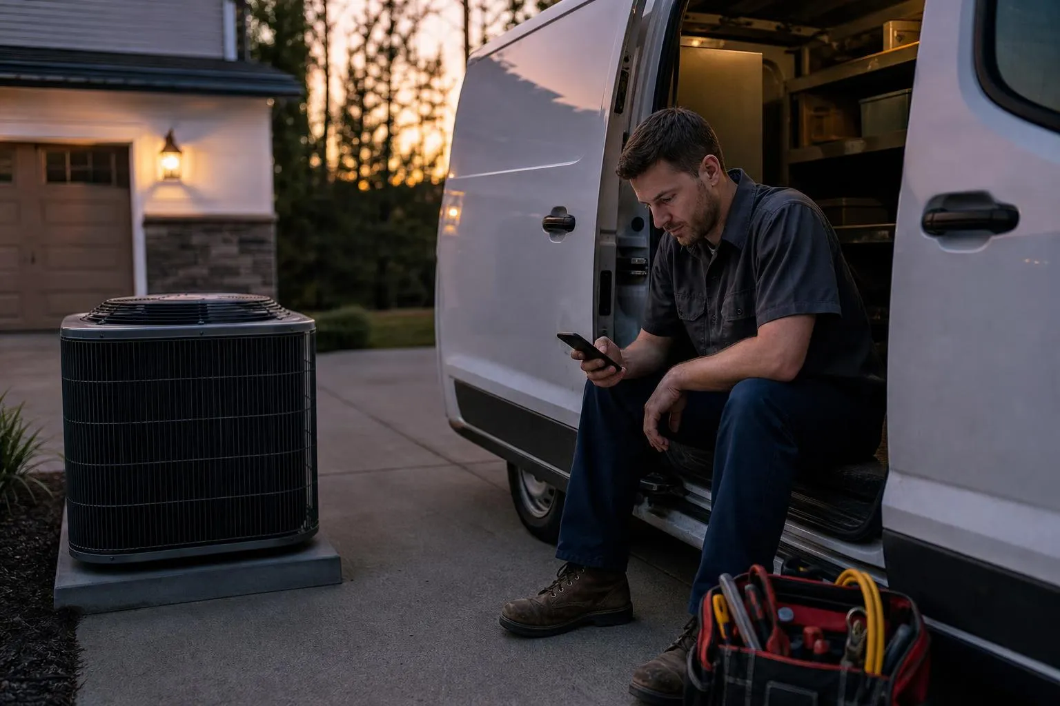 An HVAC technician sitting in his service van at dusk, checking his phone next to a rooftop condenser unit he just repaired.