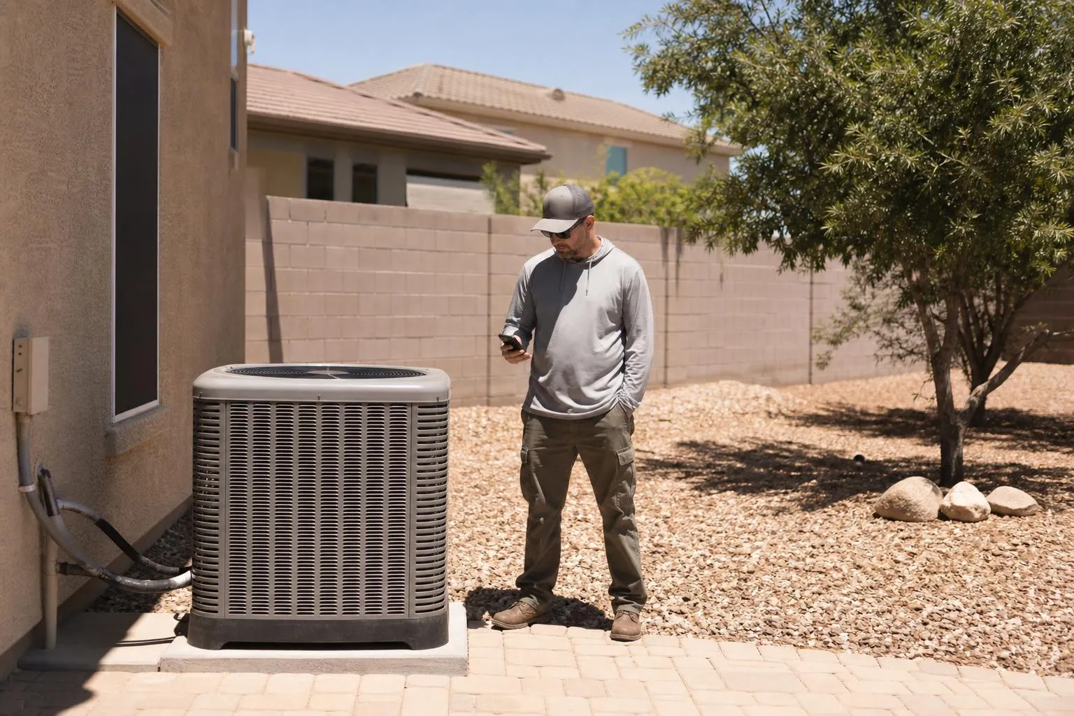 A homeowner stands in a sun-baked backyard beside a silent outdoor AC unit, phone in hand, photographed in a natural documentary style.