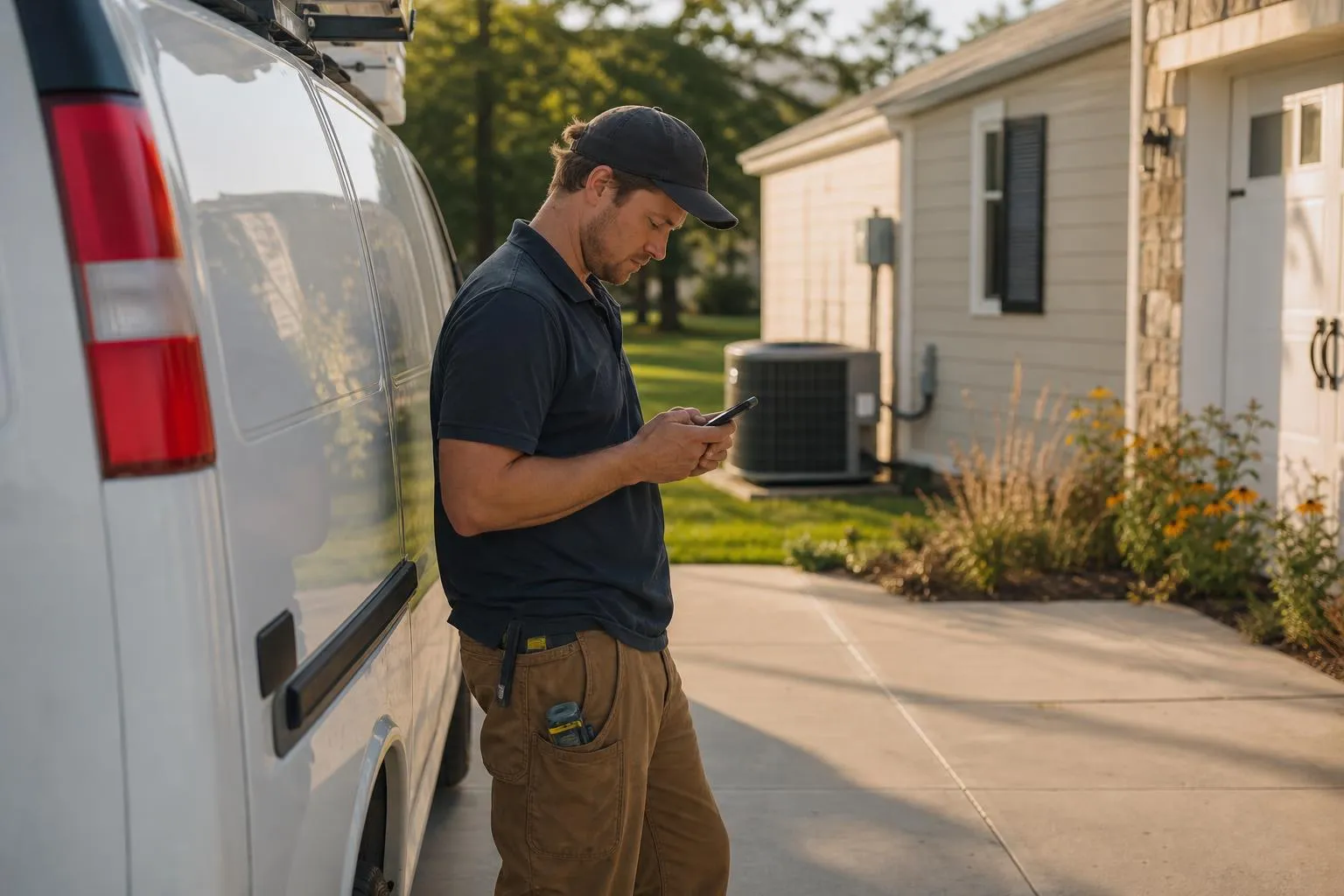 An HVAC technician stands beside his service van in a driveway, checking his phone in the late-afternoon summer heat.
