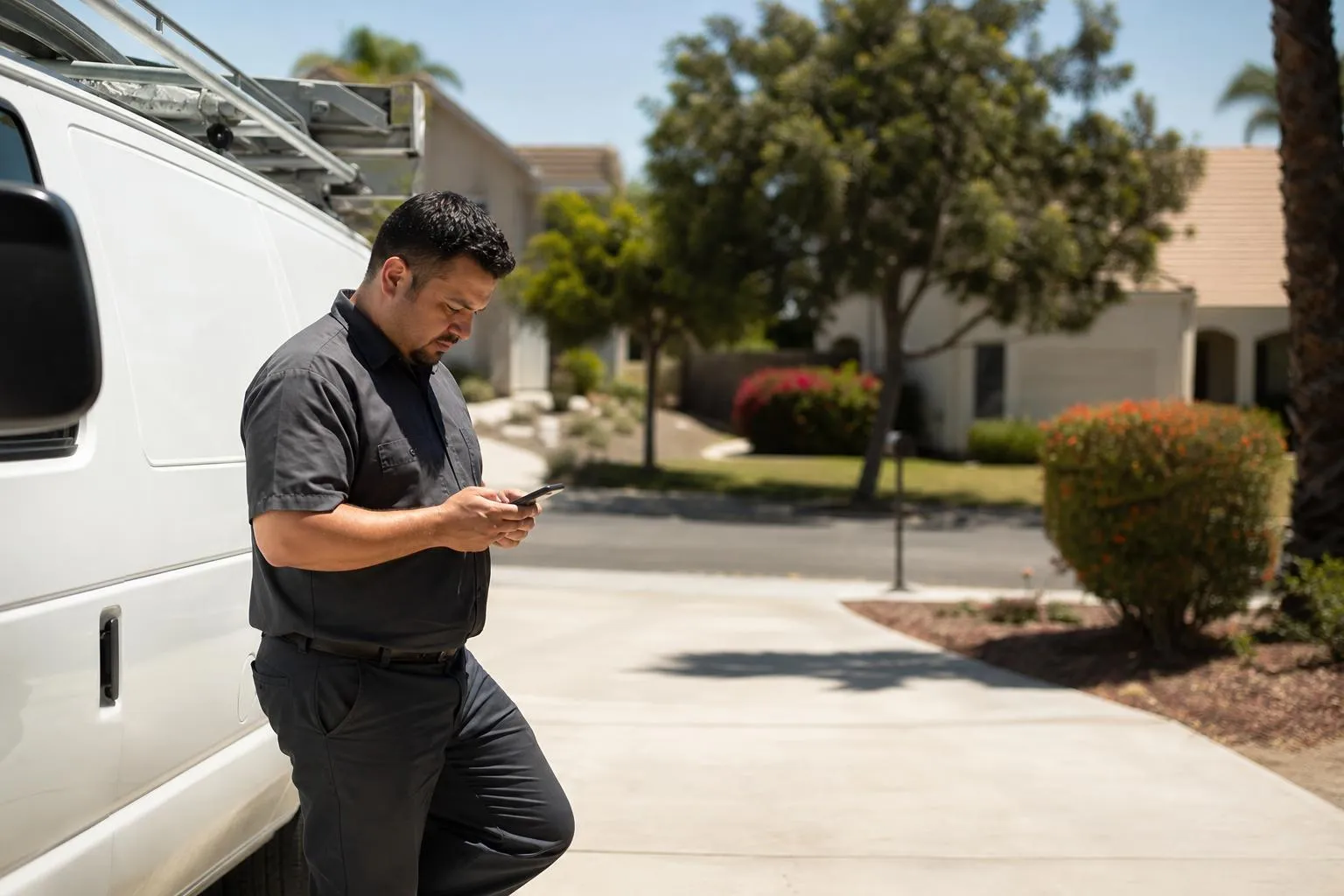 An HVAC technician checks his phone beside a service van in a driveway on a hot afternoon, waiting for a page to load, in natural documentary light.