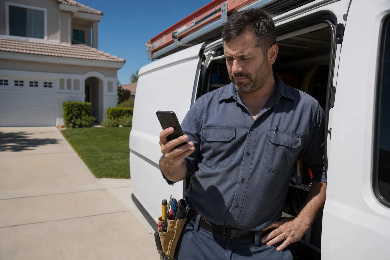 An HVAC technician glances at a slow-loading website on his phone while standing beside a service van in a driveway at midday, documentary style.