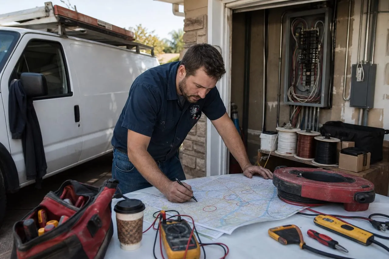 An electrician marking up a paper city map on the hood of a truck, in a natural documentary style.