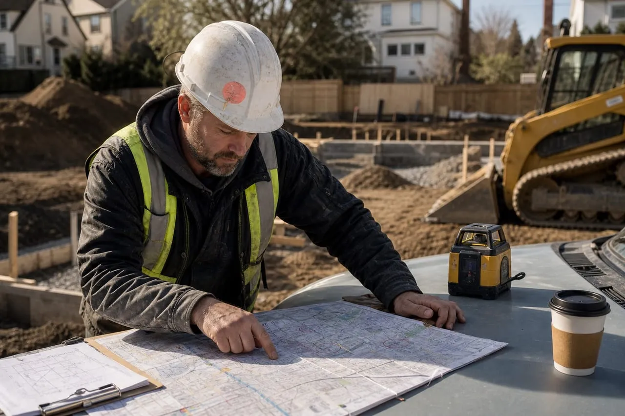 A site contractor marking up a paper city map on the hood of a truck, in a natural documentary style.