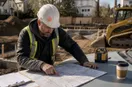 A site contractor marking up a paper city map on the hood of a truck, in a natural documentary style.