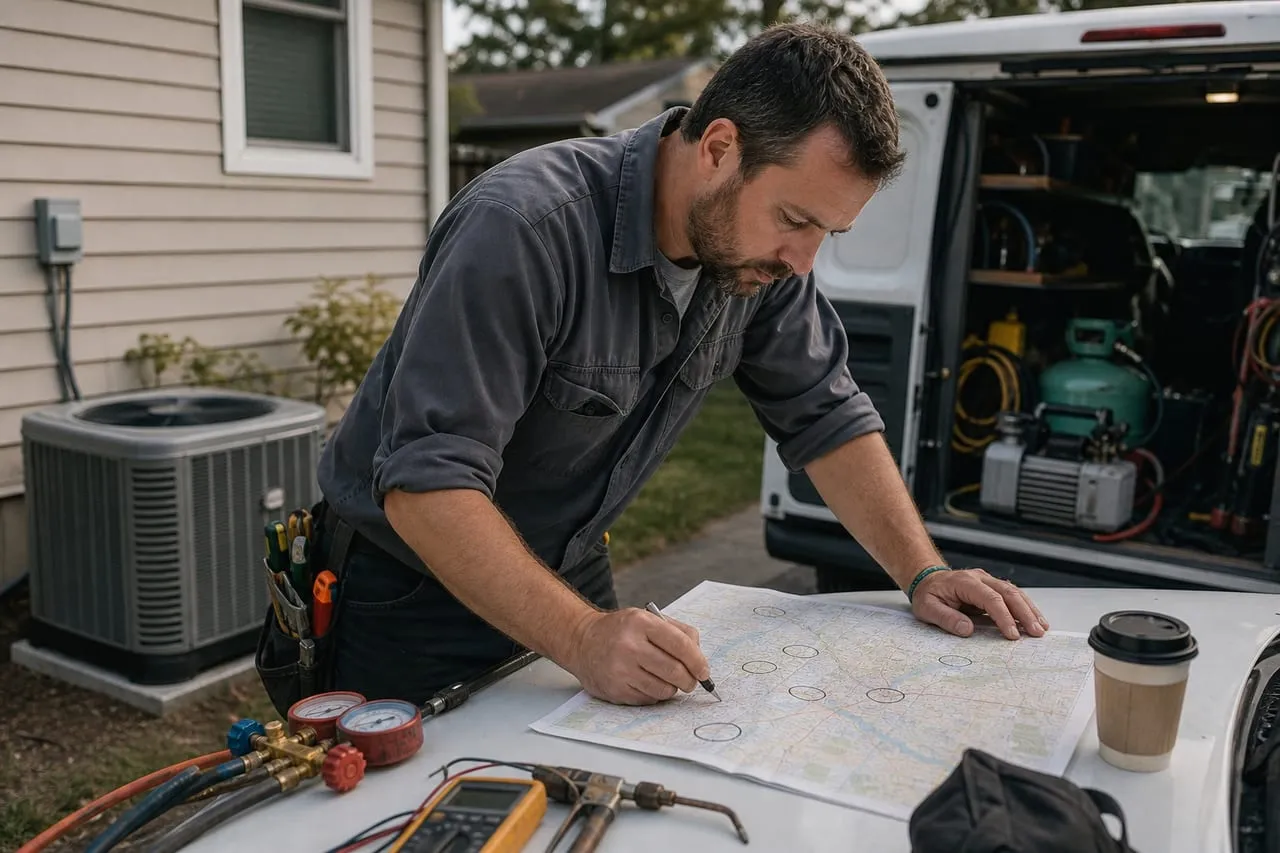 An HVAC technician marking up a paper city map on the hood of a truck, in a natural documentary style.