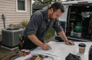 An HVAC technician marking up a paper city map on the hood of a truck, in a natural documentary style.