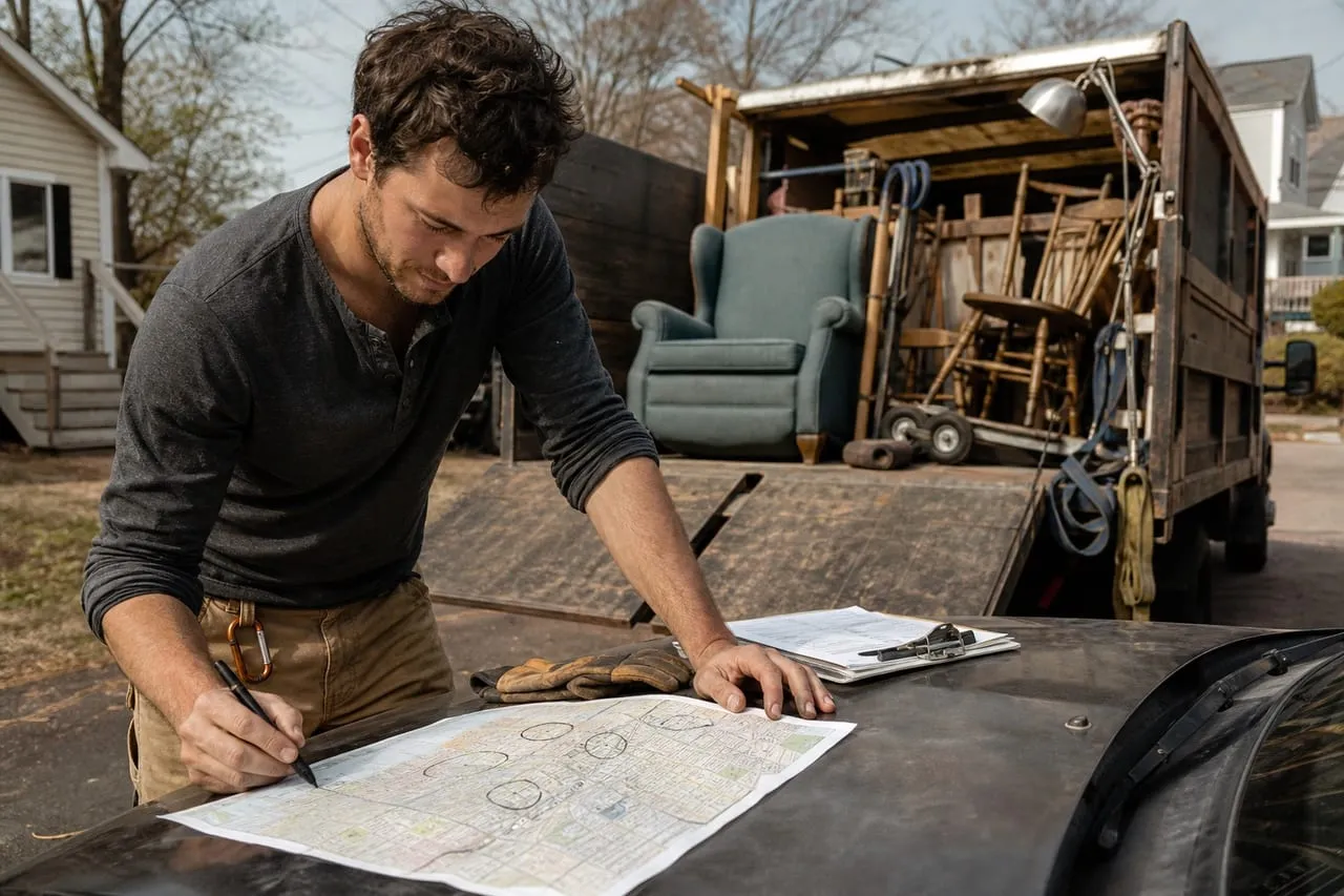A junk removal operator marking up a paper city map on the hood of a truck, in a natural documentary style.