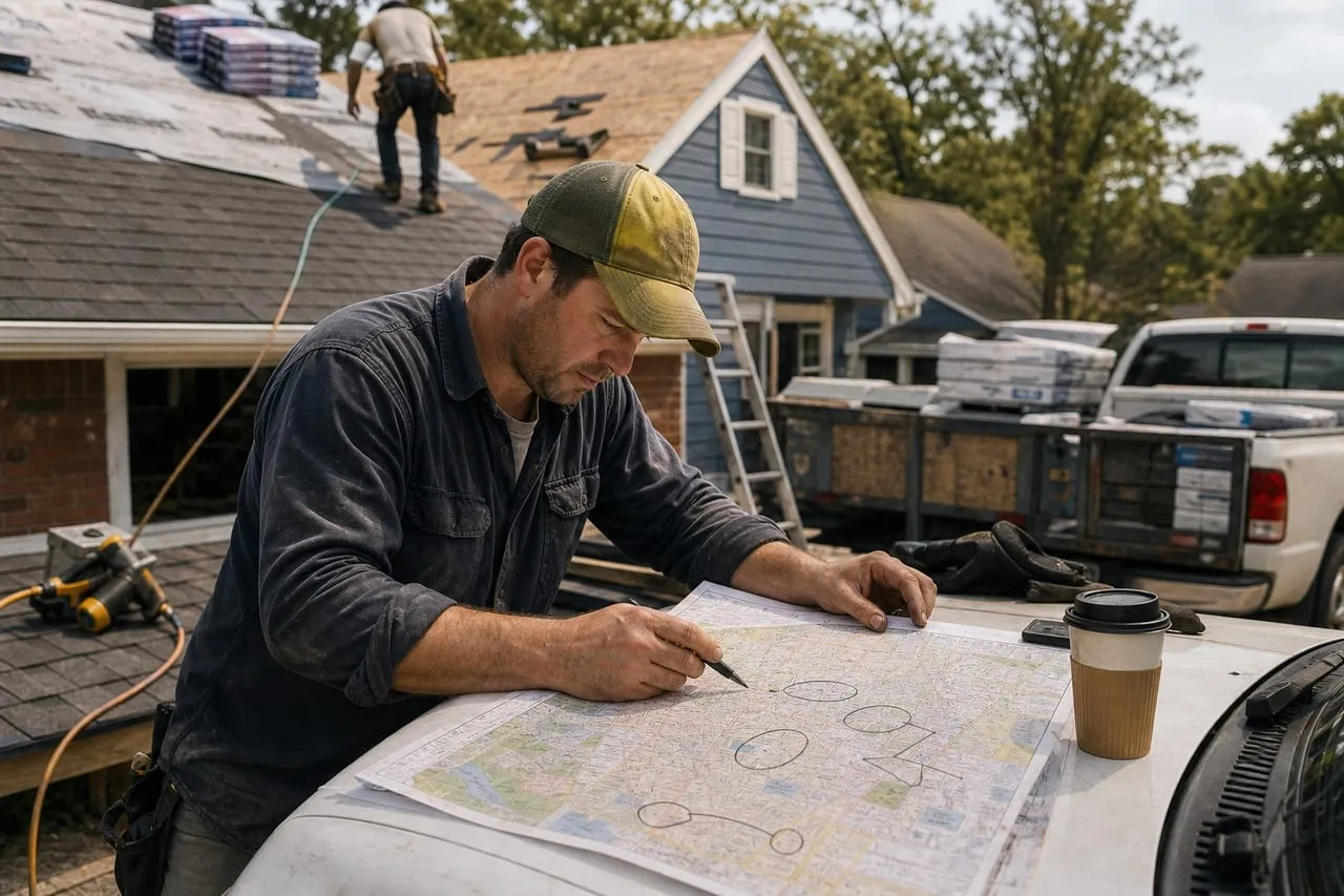 A roofing contractor marking up a paper city map on the hood of a truck, in a natural documentary style.