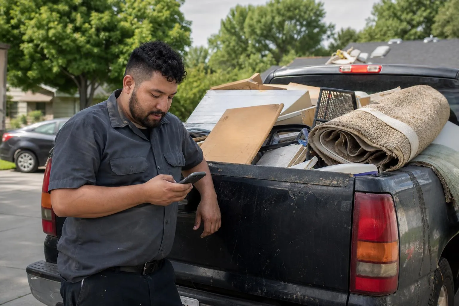 A junk removal crew member stands beside a loaded truck in a driveway checking a phone before the next stop, in a natural documentary style.