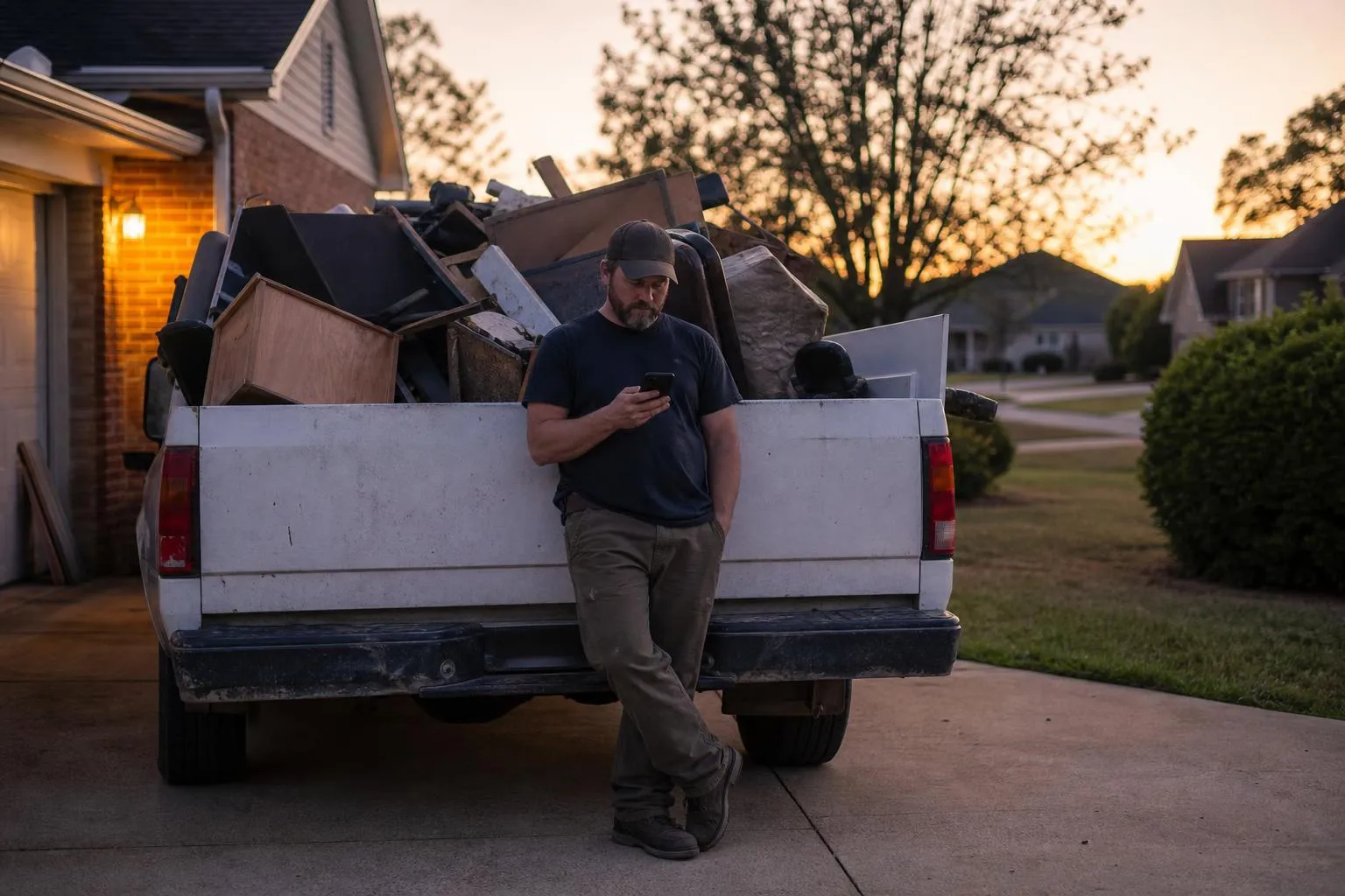 A junk removal crew owner checks a quiet phone beside a loaded truck in a driveway at dusk, in a natural documentary style.