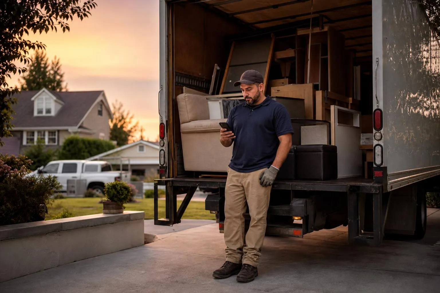 A junk removal company owner standing at the back of an open truck at dusk, checking his phone next to a stack of hauled furniture.