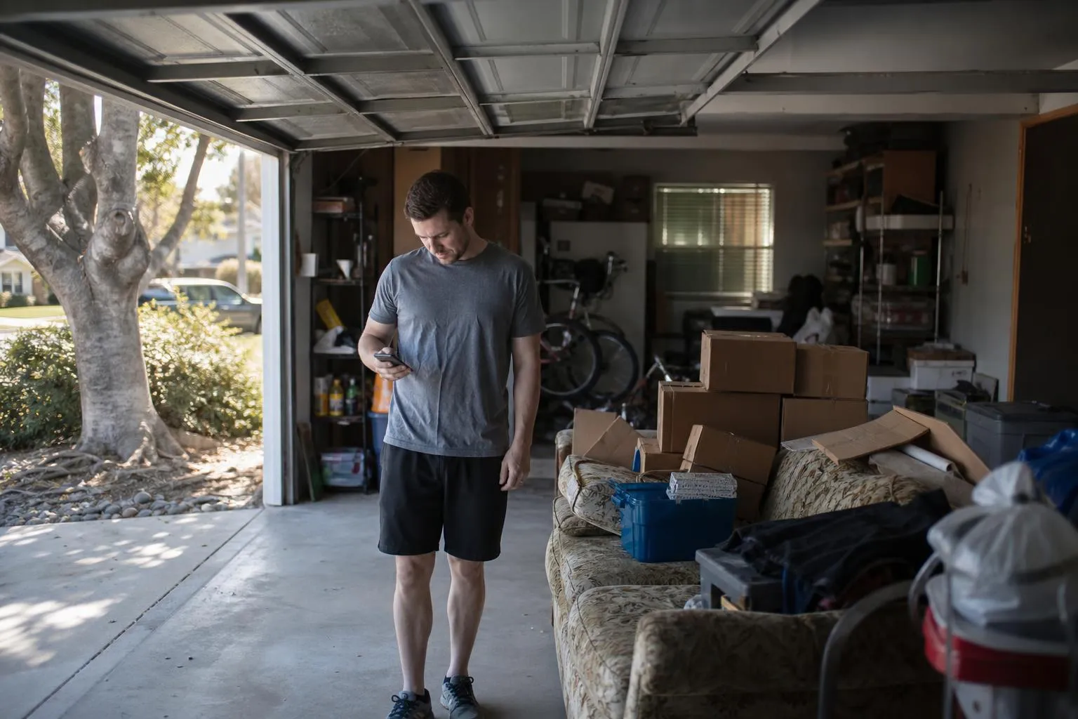 A person stands in a garage next to a pile of old furniture and boxes, looking down at a phone, photographed in a natural documentary style.