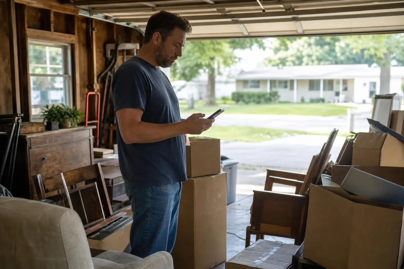 A man stands in his garage on a Saturday morning surrounded by boxes and old furniture, looking at his phone to find someone to haul it away today.