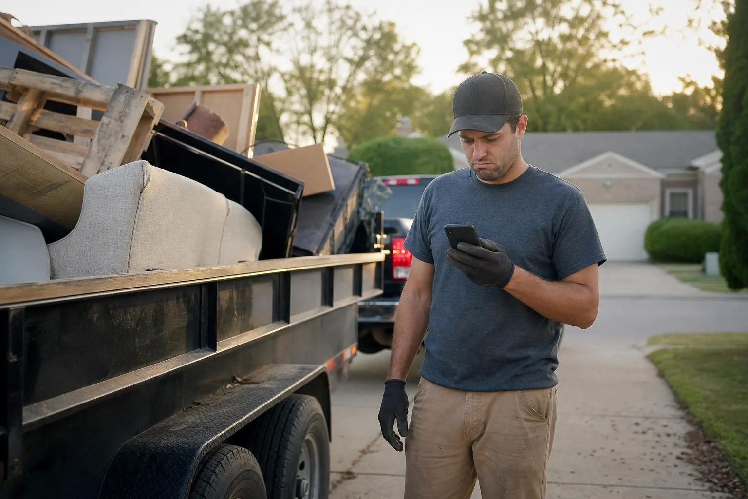A junk removal crew member checks his phone next to a loaded trailer in a suburban driveway, waiting for a page to load, in natural documentary light.