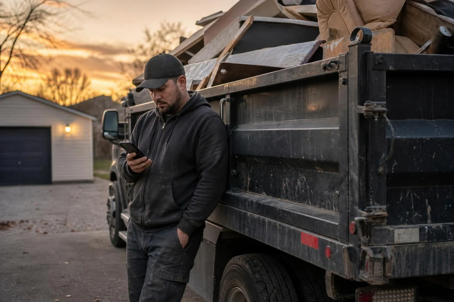 A junk removal crew leader checks a slow-loading quote page on his phone beside a loaded hauling truck at dusk, documentary style.