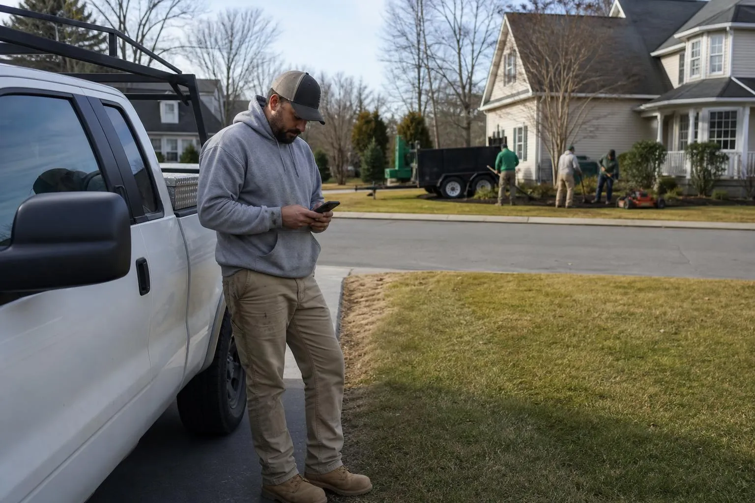A landscaper stands beside his parked truck in a suburban driveway checking his phone while a rival crew works a yard down the street, in a natural documentary style.