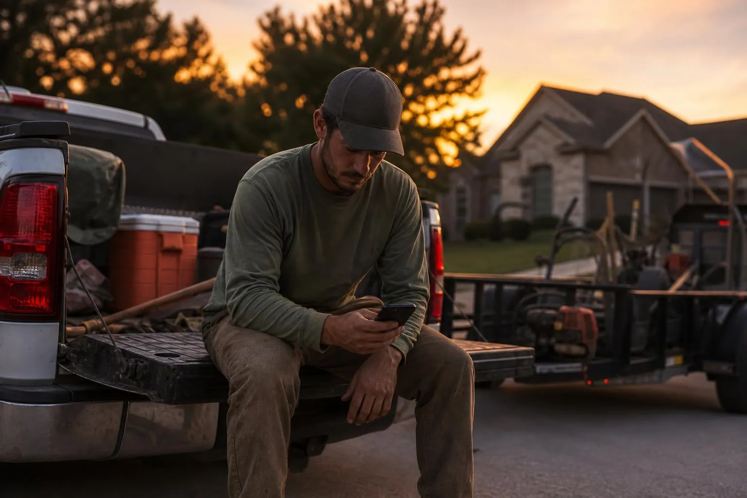 A landscaper stands in his truck bed at dusk scrolling a quiet phone after a long install day, in a natural documentary style.