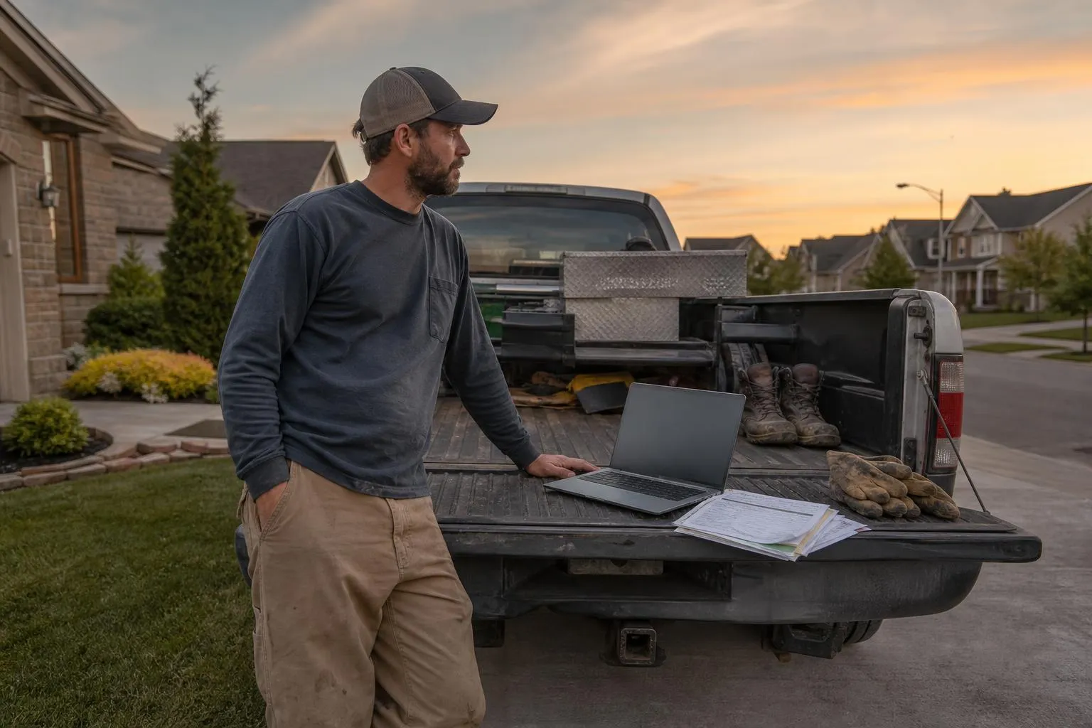 A landscaping company owner standing beside his truck at dusk, scrolling a laptop with a stack of unsent estimates on the tailgate.