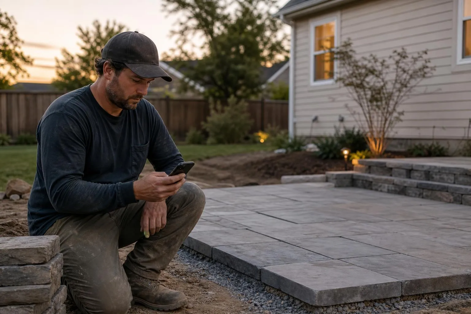 A landscaper kneels beside a freshly installed stone patio, checking his phone in the early evening light after finishing a job.