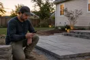 A landscaper kneels beside a freshly installed stone patio, checking his phone in the early evening light after finishing a job.