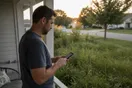 A homeowner stands on a front porch scrolling their phone comparing landscaper websites while looking out at an overgrown yard, in warm early evening light.