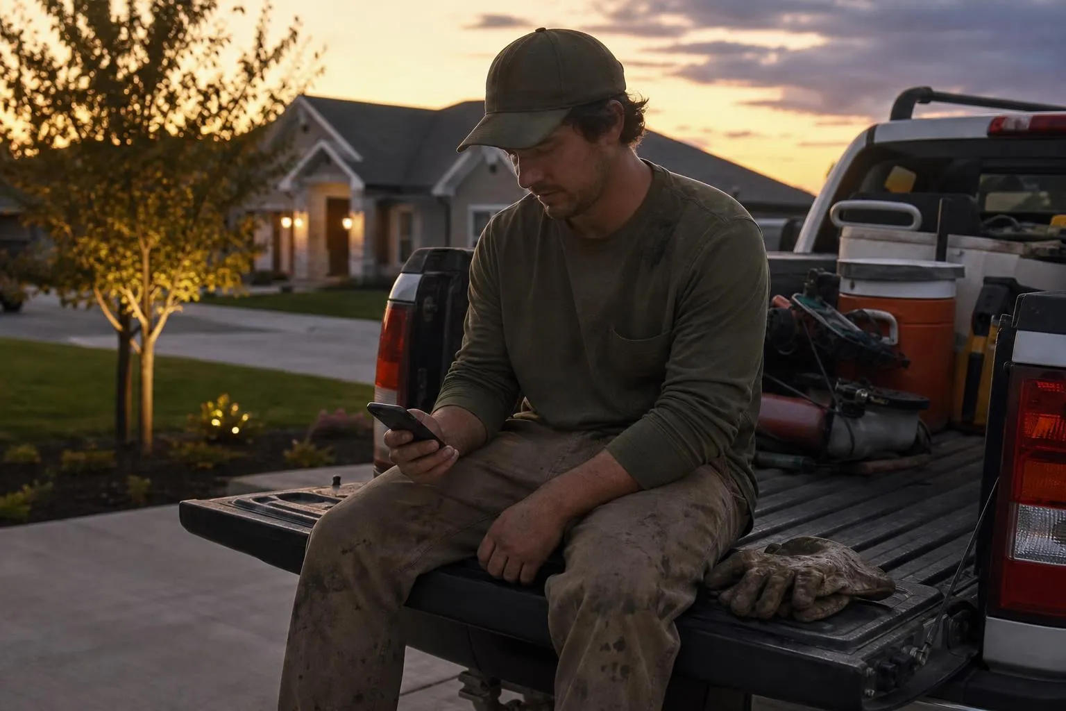 A landscaper sits on his truck's tailgate scrolling a slow-loading website on his phone after a long install day, in a natural documentary style.