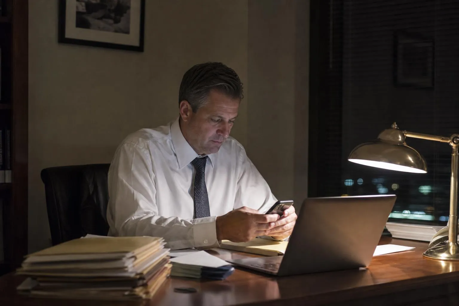 An attorney sits in his small office late in the evening checking his phone with a single desk lamp on, files stacked beside a laptop, in a natural documentary style.
