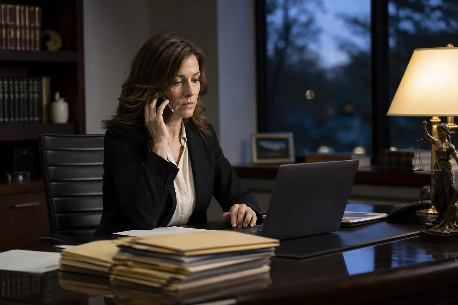 A solo attorney at her desk after hours, phone in one hand and a laptop open to an unanswered email thread, case files stacked beside her.