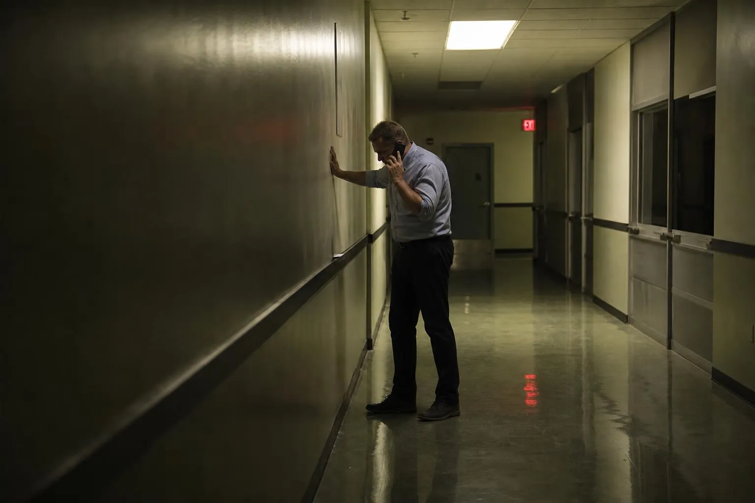A person stands in a dim courthouse hallway holding a phone to their ear with the other hand pressed against a wall, photographed in a natural documentary style.