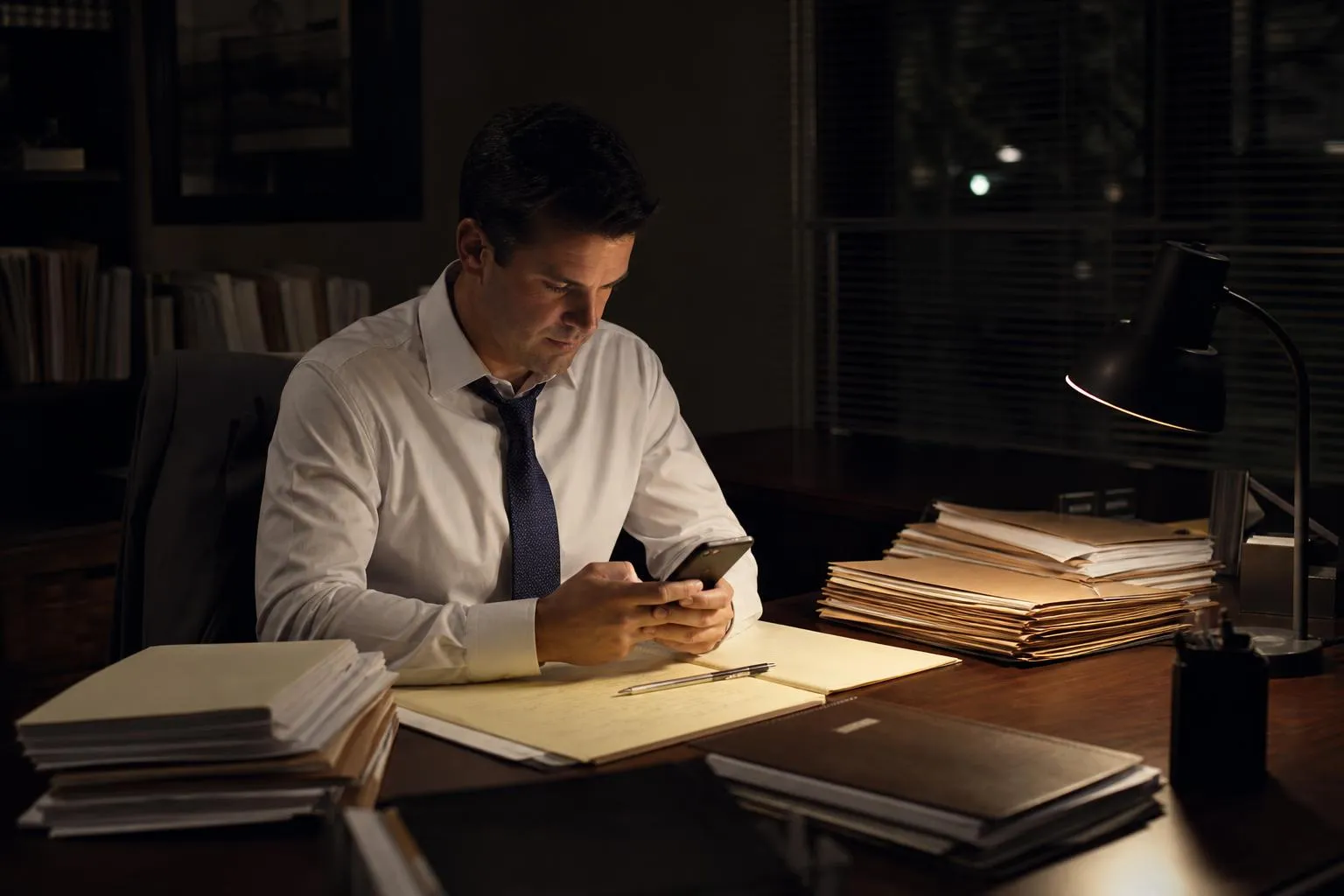 A solo attorney sits in his office late in the evening checking his phone, case files stacked on the desk under a single lamp.
