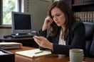 An attorney in a small office checks a slow-loading page on her phone at her desk while an old desktop monitor sits dark behind her, in a natural documentary style.