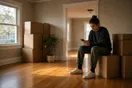 A person sits on a stack of moving boxes in a nearly empty living room comparing moving company websites on their phone, afternoon light through the window, documentary style.