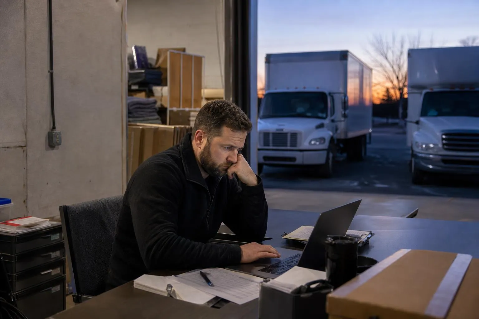 A moving company owner checks an empty booking calendar in a warehouse office next to parked trucks at dusk, in a natural documentary style.