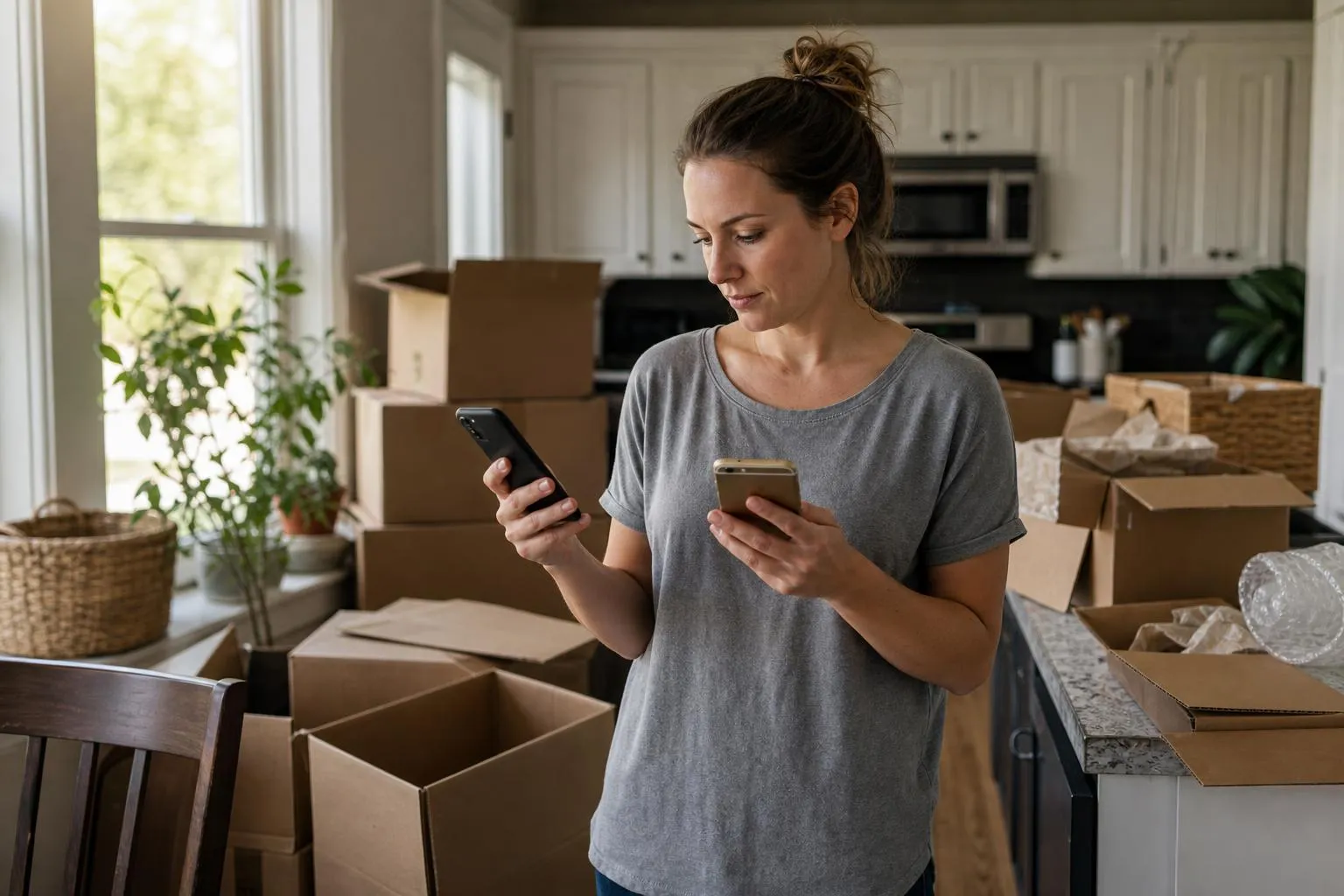 A person stands in a half-packed kitchen surrounded by boxes, holding a phone while comparing moving company websites, photographed in a natural documentary style.