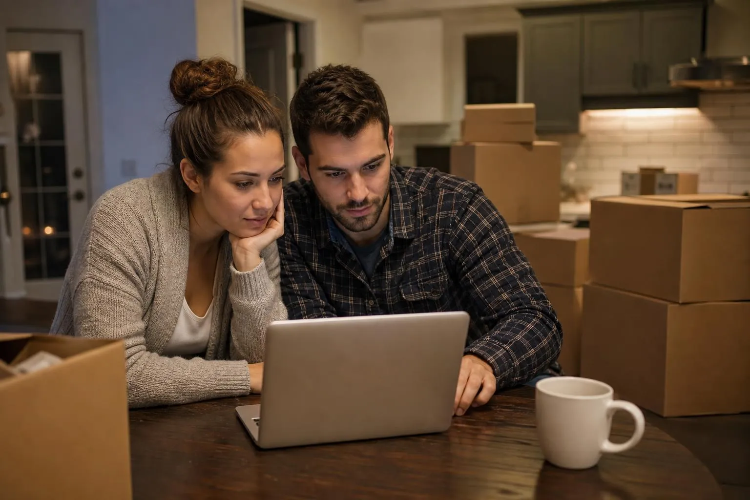 A young couple sits at their kitchen table late in the evening comparing moving company quotes on a laptop, moving boxes stacked in the background.