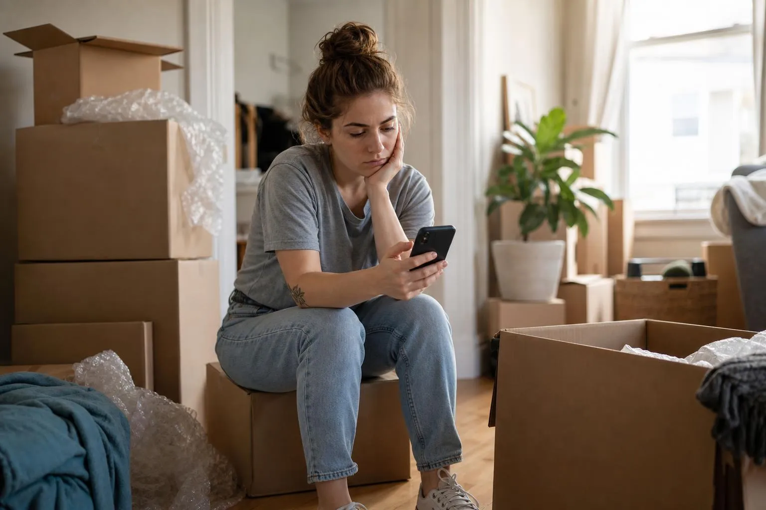 A person sits on a half-packed cardboard box in a living room, phone in hand, waiting for a moving company's website to load.