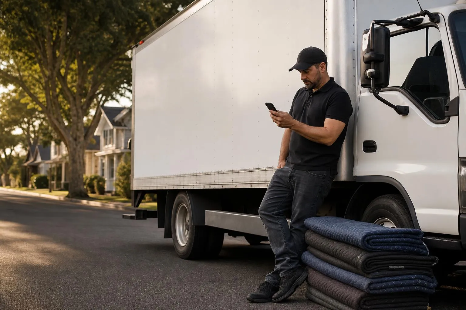 A moving company owner leans against a parked box truck checking a slow-loading page on his phone while a stack of moving blankets sits nearby, in a natural documentary style.