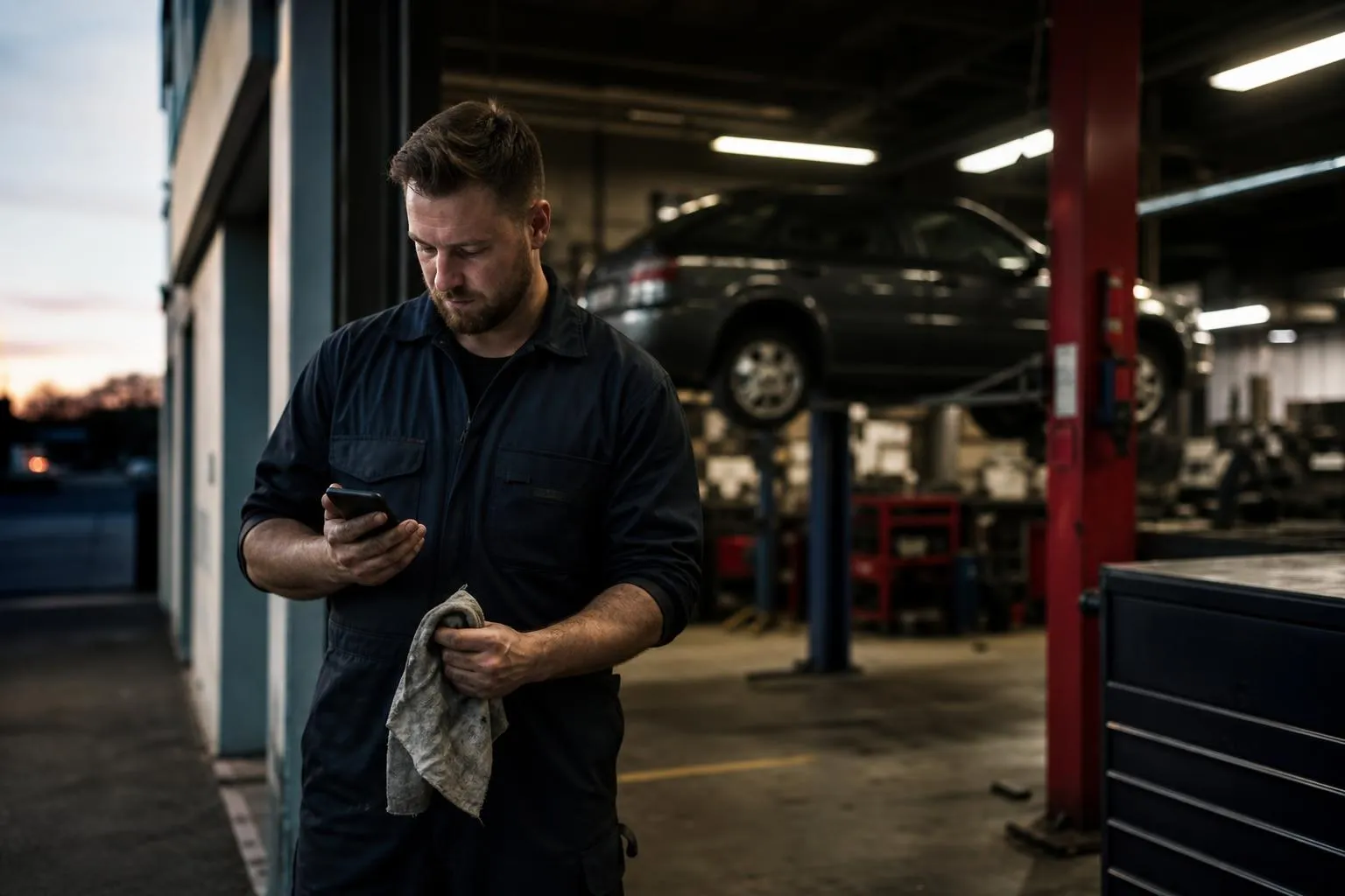 A mechanic wipes his hands on a shop rag beside an open bay at closing time, checking his phone under the fluorescent lights, natural documentary style.