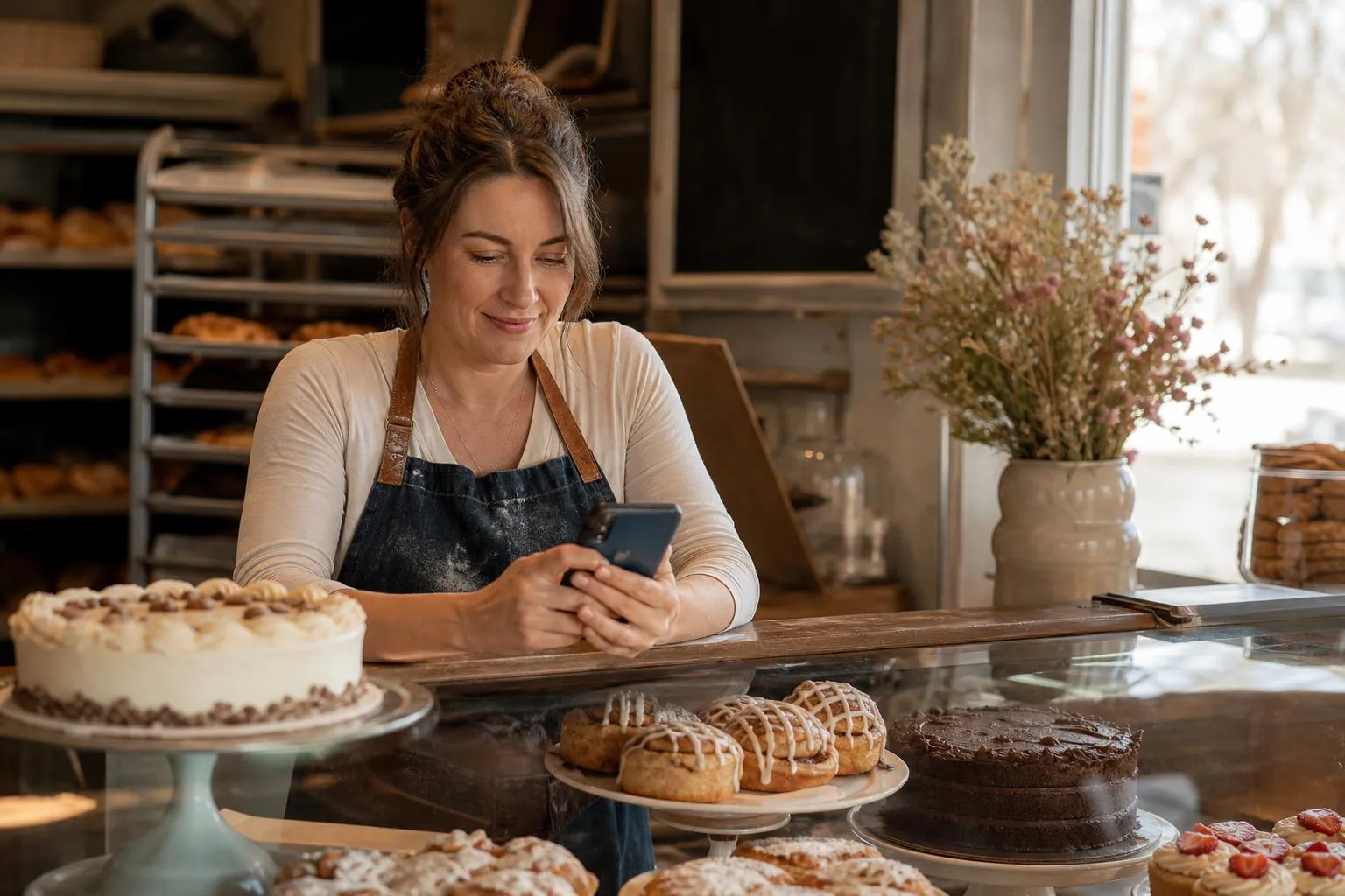 A baker in a flour-dusted apron checks her phone next to a display case of finished cakes early in the morning, natural documentary style.