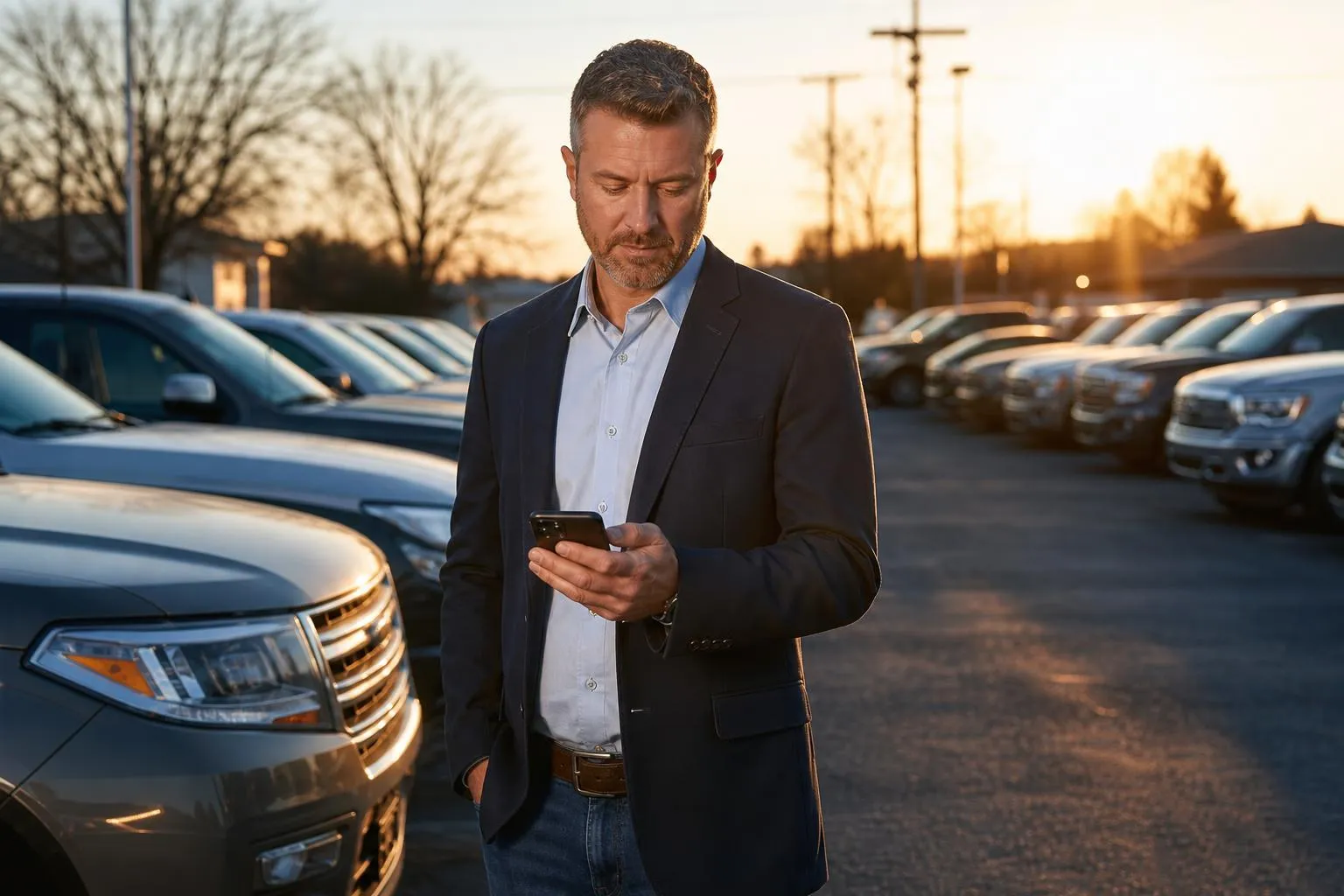 A used car dealership owner checks his phone while standing on his lot at sunrise among rows of vehicles, natural documentary style.