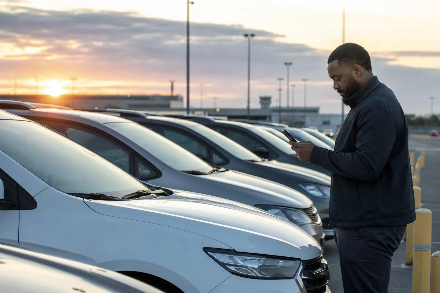 A car rental fleet operator checks his phone next to a row of parked rental vehicles at an airport lot at dawn, natural documentary style.