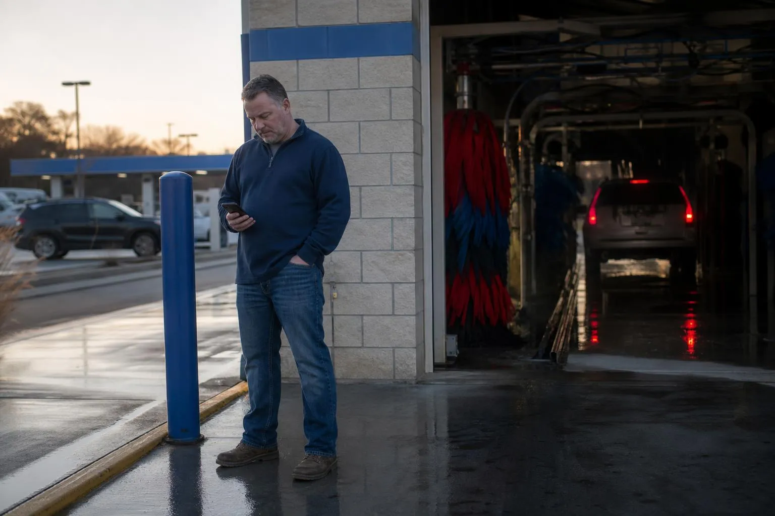 A car wash owner checks his phone near the tunnel entrance of his wash location in early morning light, natural documentary style.