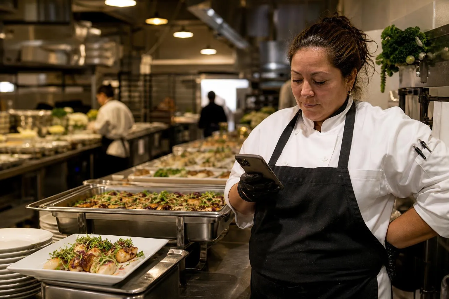 A caterer checks her phone beside trays of plated food in a commercial kitchen before a delivery, natural documentary style.
