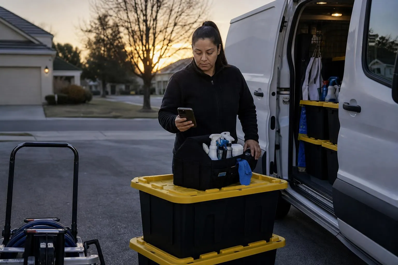 A cleaning business owner loads supply totes into a van in a driveway at dawn, glancing at her phone before the first appointment, natural documentary style.