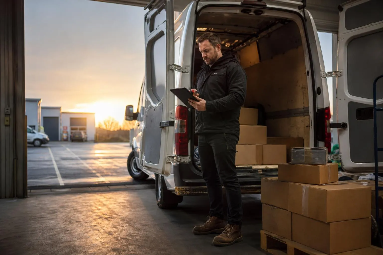 A delivery company owner stands at the back of an open cargo van in a warehouse loading bay at dawn, checking a tablet, natural documentary style.