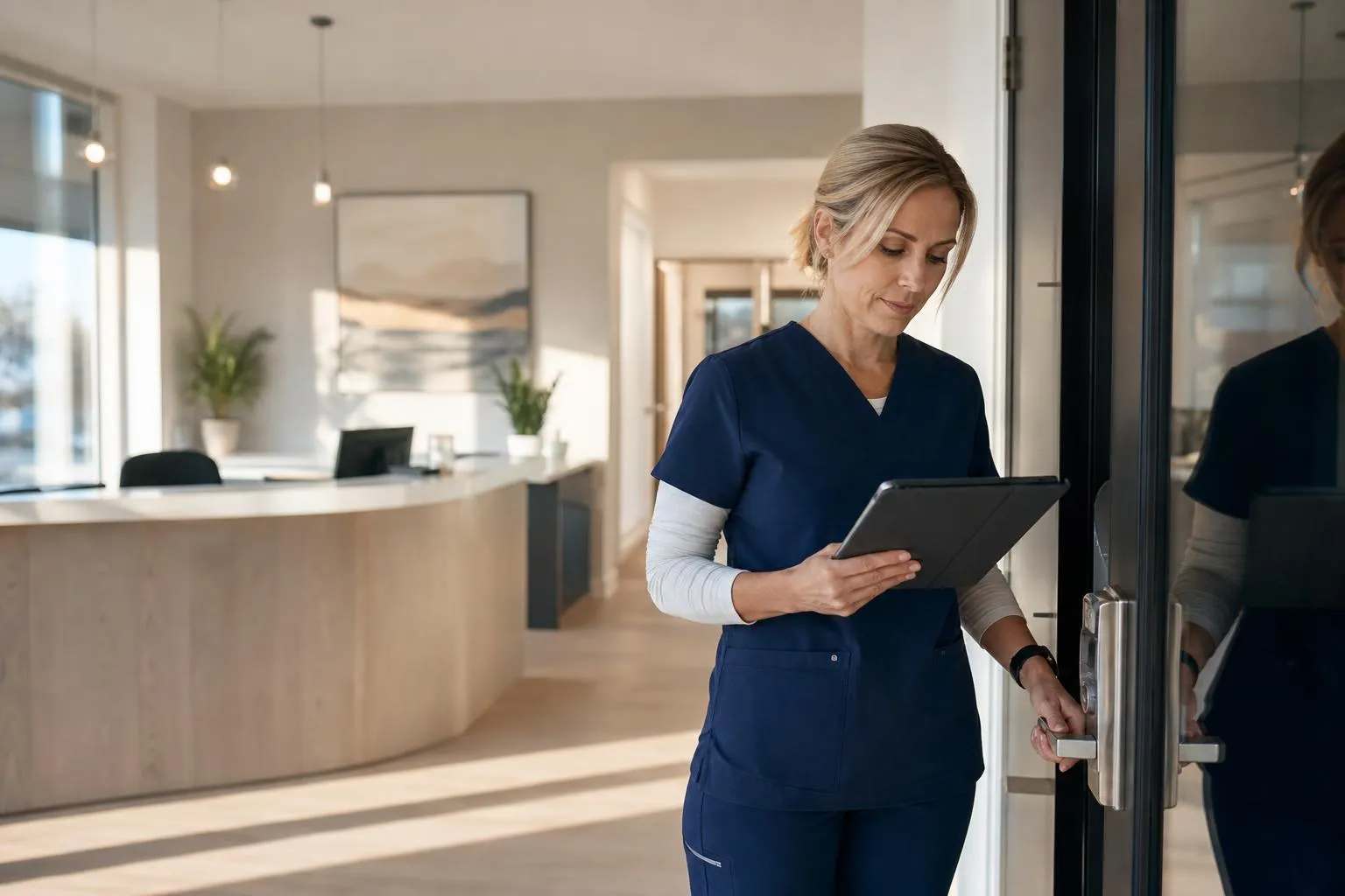 A dentist stands in a sunlit reception area after hours, glancing at a tablet while locking up the practice for the night, natural documentary style.