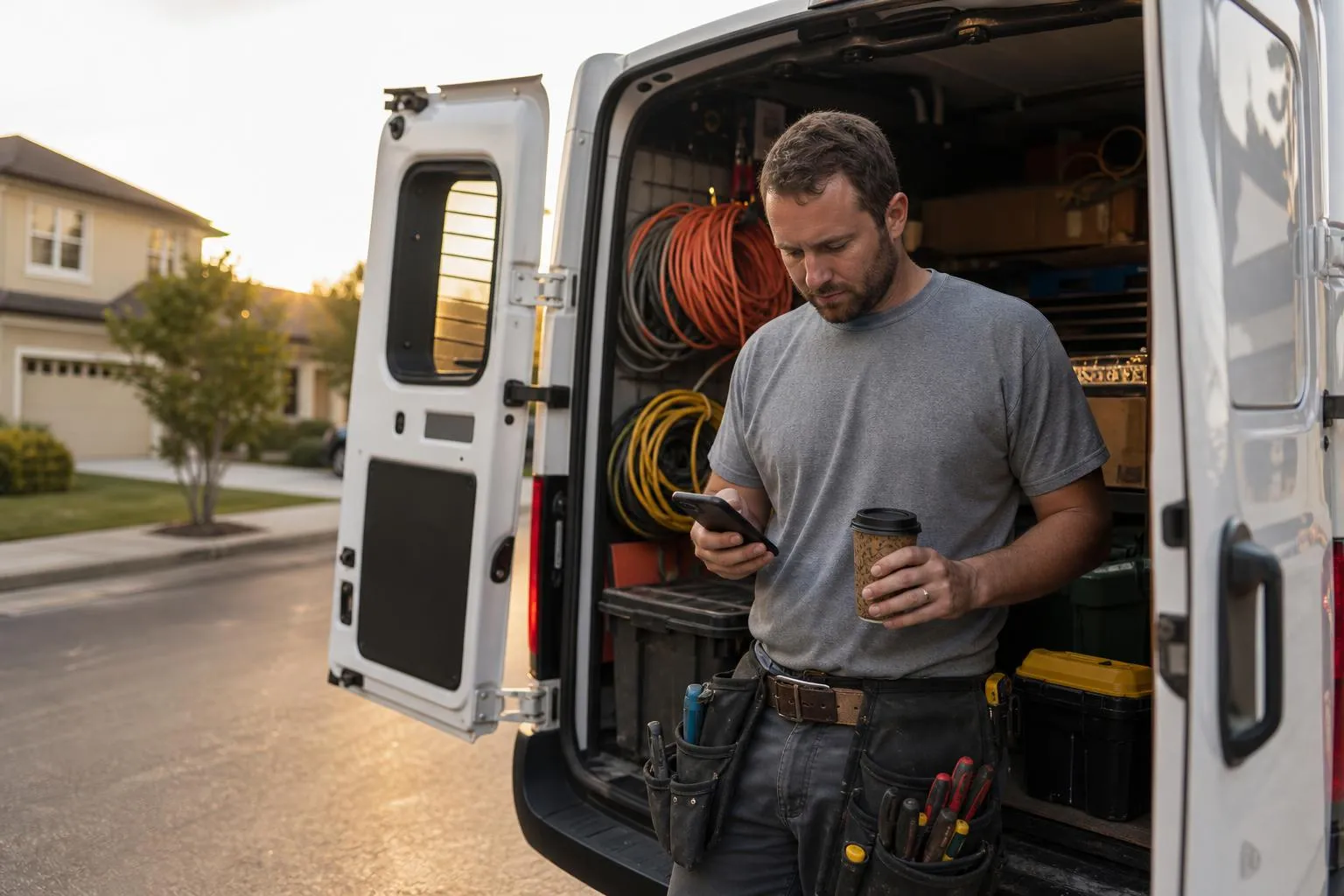 An electrician stands at the open doors of his service van in a suburban driveway at early morning, checking his phone over a cup of coffee, natural documentary style.